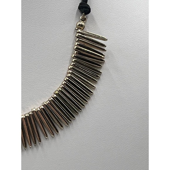 Natasha Gold Tone Spikes Dangles Black Leather Necklace - Picture 6 of 13